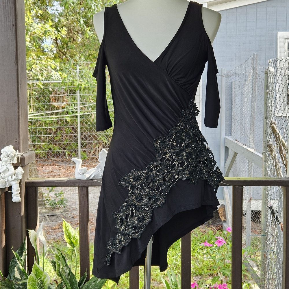 Black Cold Shoulder Asymmetrical Hem Dress Size S Lace Applique Cocktail Gothic